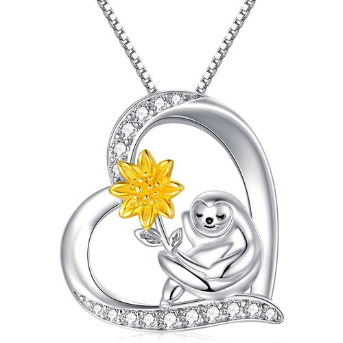 Sterling Silver Two-tone Circular Shaped Cubic Zirconia Sloth & Sunflower Pendant Necklace