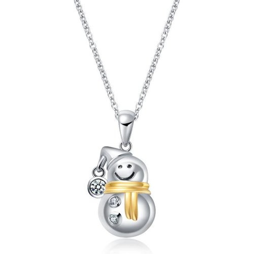 Sterling Silver Two-tone Circular Shaped Cubic Zirconia Snowman Pendant Necklace