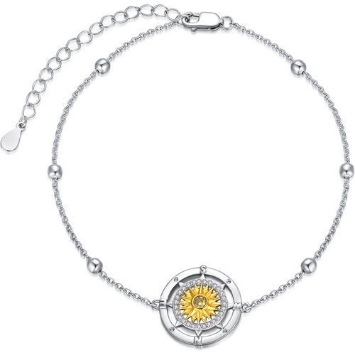 Sterling Silver Two-tone Circular Shaped Cubic Zirconia Sunflower & Compass Charm Bracelet
