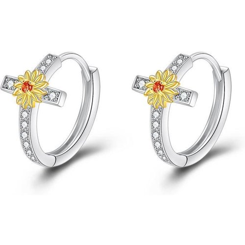 Sterling Silver Two-tone Circular Shaped Cubic Zirconia Sunflower & Cross Hoop Earrings