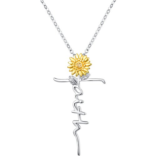 Sterling Silver Two-tone Circular Shaped Cubic Zirconia Sunflower & Cross Pendant Necklace with Engraved Word