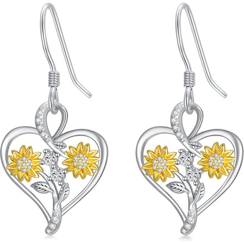 Sterling Silver Two-tone Circular Shaped Cubic Zirconia Sunflower & Heart Drop Earrings