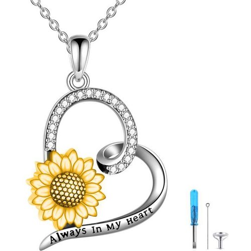 Sterling Silver Two-tone Circular Shaped Cubic Zirconia Sunflower & Heart Urn Necklace for Ashes with Engraved Word