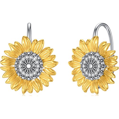 Sterling Silver Two-tone Circular Shaped Cubic Zirconia Sunflower Hoop Earrings
