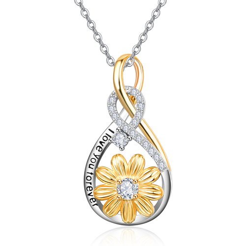 Sterling Silver Two-tone Circular Shaped Cubic Zirconia Sunflower & Infinity Symbol Pendant Necklace with Engraved Word
