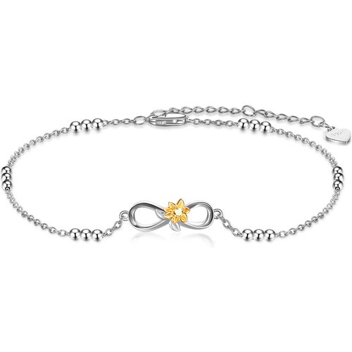 Sterling Silver Two-tone Circular Shaped Cubic Zirconia Sunflower & Infinity Symbol Single Layer Anklet