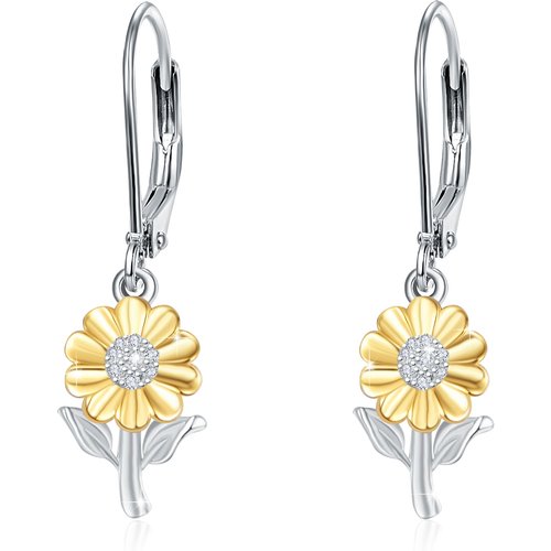 Sterling Silver Two-tone Circular Shaped Cubic Zirconia Sunflower Lever-back Earrings