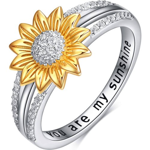 Sterling Silver Two-tone Round Shaped Cubic Zirconia Sunflower Ring with Engraved Word