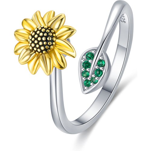 Sterling Silver Two-tone Round Shaped Cubic Zirconia Sunflower Spinner Ring