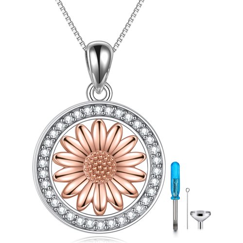 Sterling Silver Two-tone Circular Shaped Cubic Zirconia Sunflower Urn Necklace for Ashes
