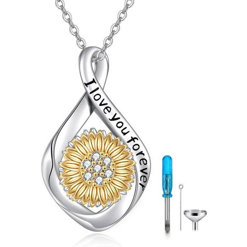 Sterling Silver Two-tone Circular Shaped Cubic Zirconia Sunflower Urn Necklace for Ashes with Engraved Word