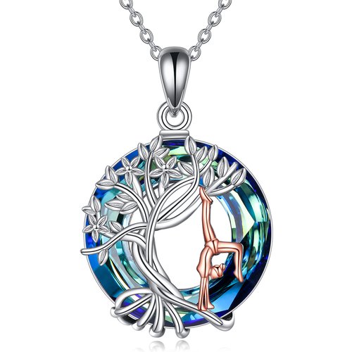 Sterling Silver Two-tone Circular Shaped Tree Of Life & Gymnast Crystal Pendant Necklace
