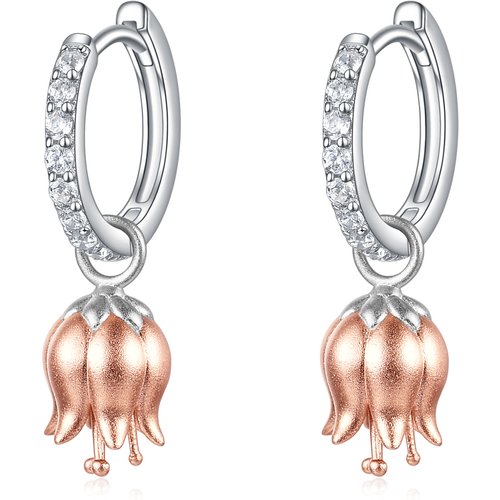Sterling Silver Two-tone Circular Shaped Cubic Zirconia Tulip Drop Earrings