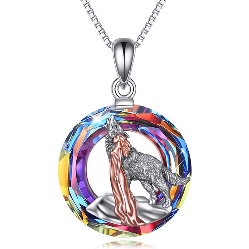 Sterling Silver Two-tone Circular Shaped Vintage Wolf & Girl Crystal Pendant Necklace