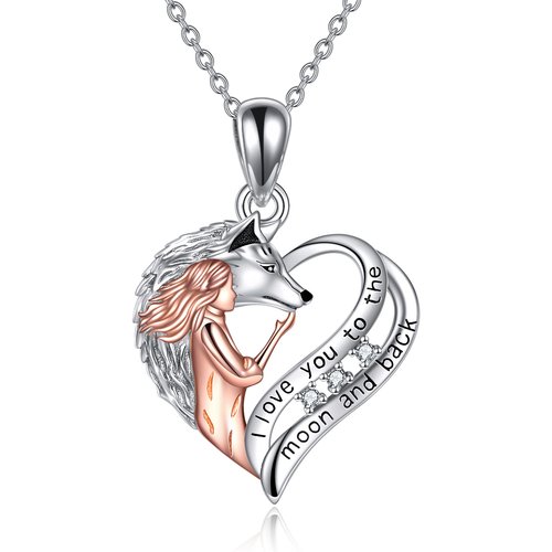 Sterling Silver Two-tone Wolf & Heart Engraved Necklace for Women