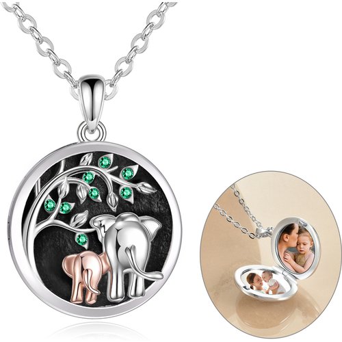 Sterling Silver Two-tone Circular Shaped Zircon Elephant Personalized Photo Locket Necklace