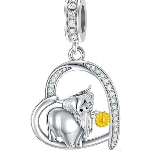 Sterling Silver Two-tone Circular Shaped Zircon Highland Cow & Heart Dangle Charm