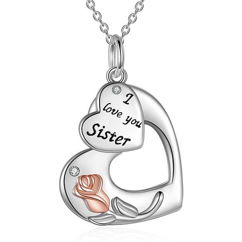 Sterling Silver Two-tone Circular Shaped Zircon Rose & Heart Pendant Necklace with Engraved Word