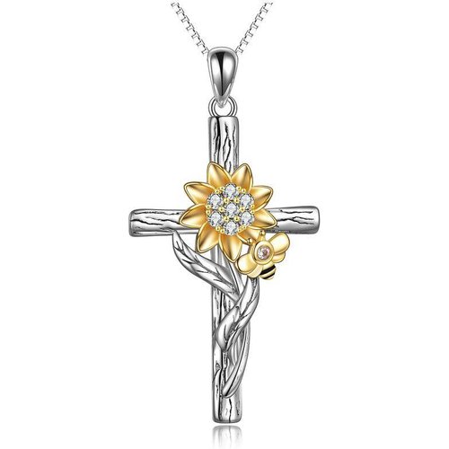 Sterling Silver Two-tone Circular Shaped Zircon Sunflower & Cross Pendant Necklace