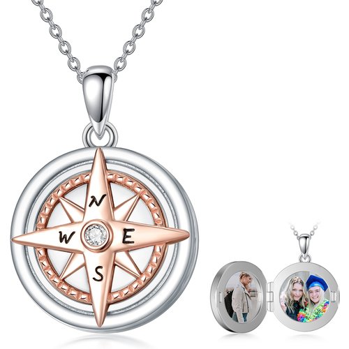 Sterling Silver Two-tone Cubic Zirconia Compass Personalized Photo Locket Necklace