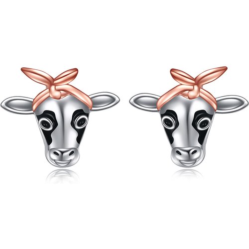 Sterling Silver Two-tone Cow & Bowknot Stud Earrings