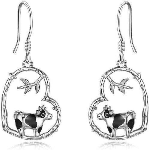 Sterling Silver Two-tone Cow & Heart Drop Earrings
