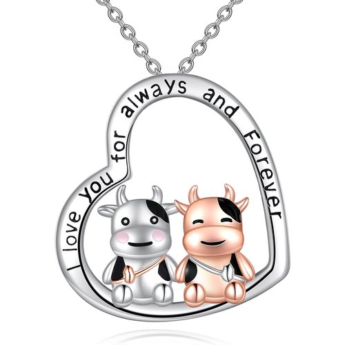 Sterling Silver Two-tone Cow & Heart Pendant Necklace with Engraved Word