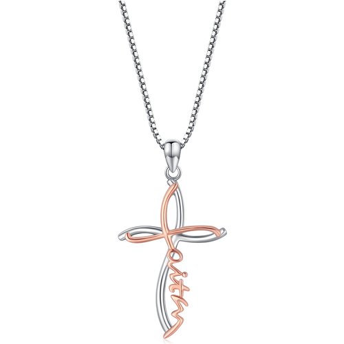 Sterling Silver Two-tone Cross Faith Pendant Necklace with Engraved Word