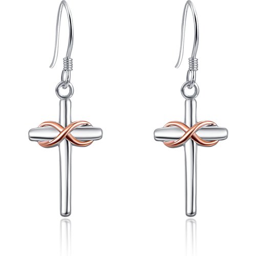 Sterling Silver Two-tone Cross & Infinity Symbol Drop Earrings