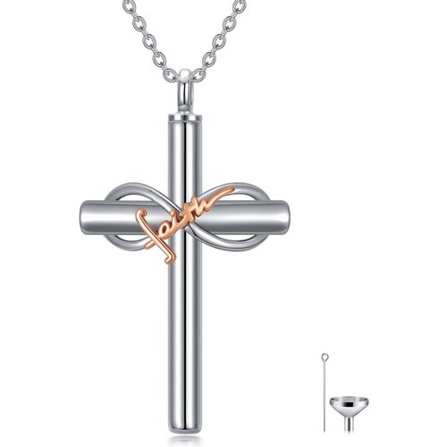 Sterling Silver Two-tone Cross & Infinity Symbol Urn Necklace for Ashes with Engraved Word