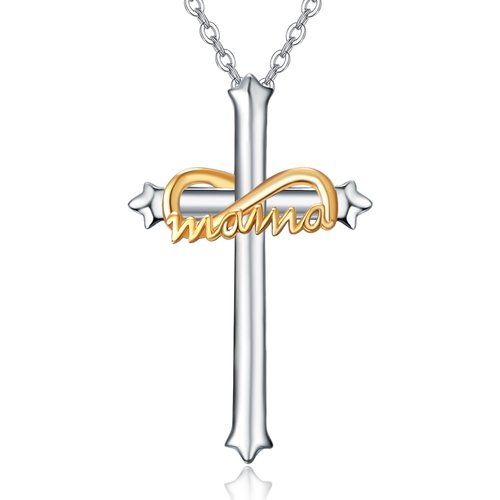 Sterling Silver Two-tone Cross Pendant Necklace with Engraved Word