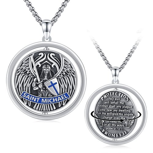 Sterling Silver Two-tone Cross & Saint Michael Pendant Necklace for Men