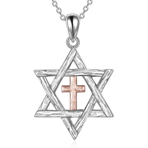 Sterling Silver Two-tone Cross & Star Of David Pendant Necklace