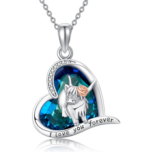 Sterling Silver Two-tone Crystal Cow Pendant Necklace with Engraved Word