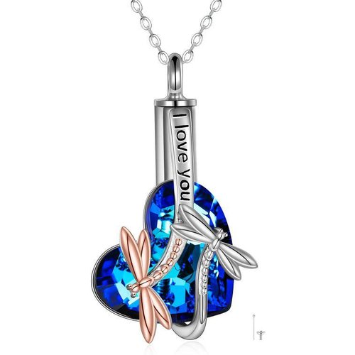 Sterling Silver Two-tone Crystal Dragonfly & Heart Urn Necklace for Ashes with Engraved Word