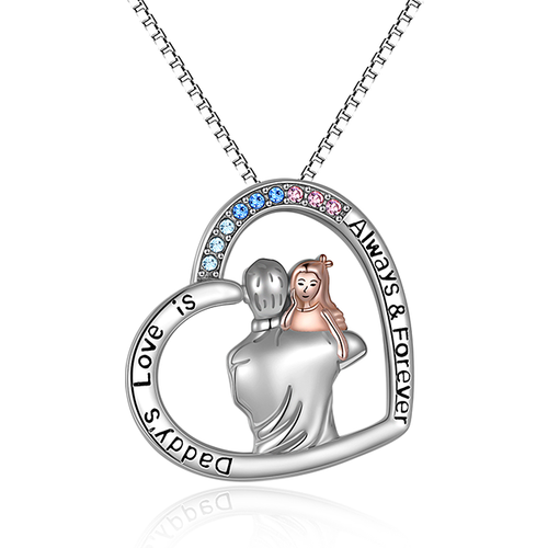 Sterling Silver Two-tone Crystal Father & Daughtern Heart Pendant Necklace with Engraved Word