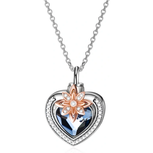 Sterling Silver Two-tone Crystal Flowers Heart Engraved Urn Necklace for Ashes for Women