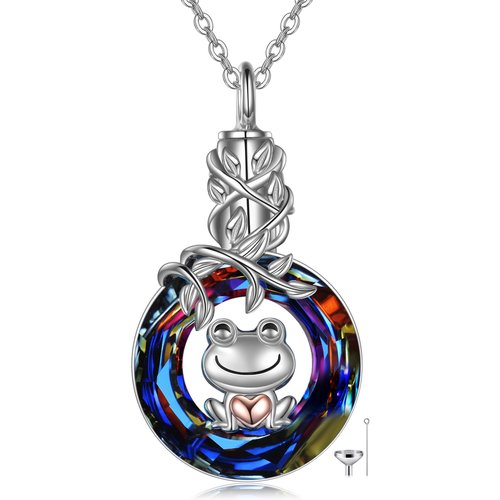 Sterling Silver Two-tone Crystal Frog & Heart Urn Necklace for Ashes