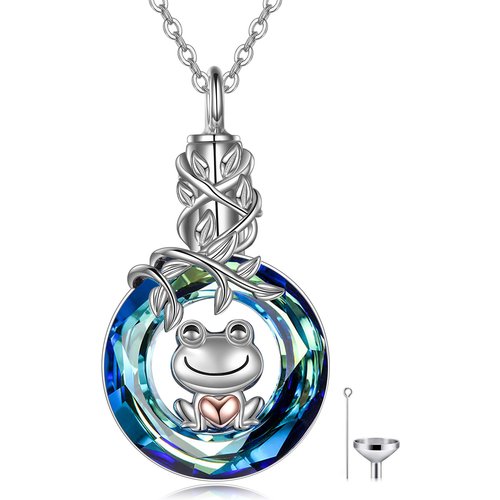 Sterling Silver Two-tone Crystal Frog Urn Necklace for Ashes with Engraved Word