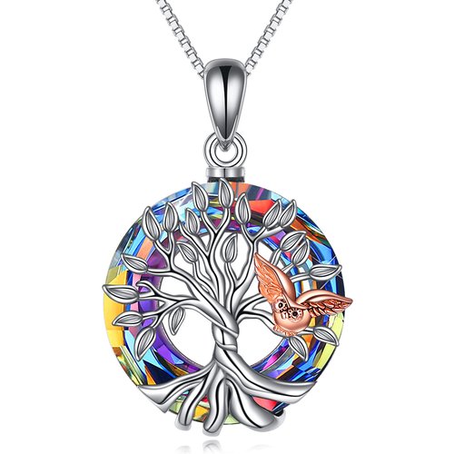 Sterling Silver Two-tone Owl & Tree Of Life Circle Crystal Necklace for Women