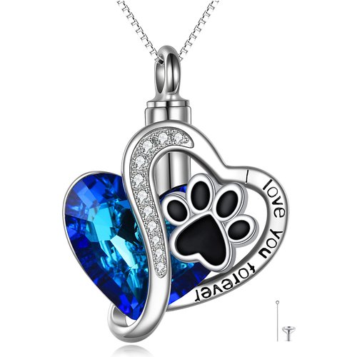Sterling Silver Two-tone Crystal Paw & Heart Urn Necklace for Ashes