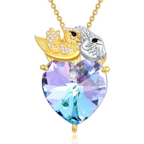 Sterling Silver Two-tone Crystal Personalized Birthstone Bird Heart Necklace for Women