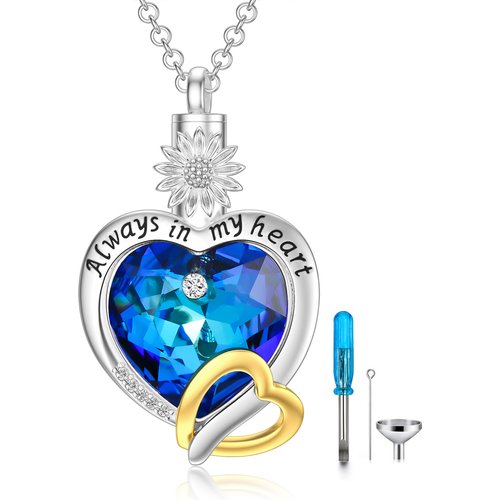 Sterling Silver Two-tone Crystal Sunflower & Heart Urn Necklace for Ashes