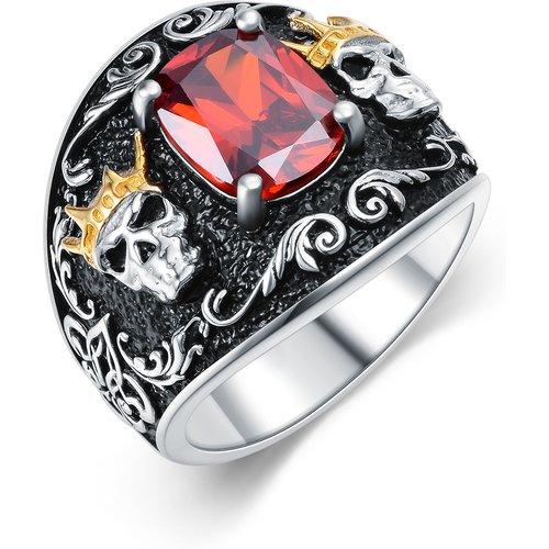 Sterling Silver Two-tone Cushion Cut Red Cubic Zirconia Crown Skull Ring for Men