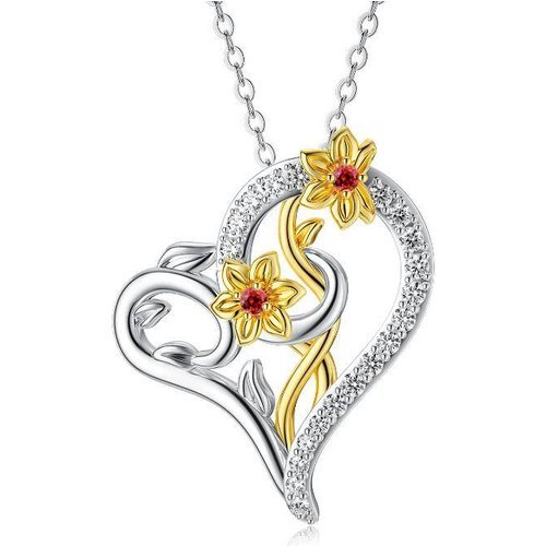 Sterling Silver Two-tone Cubic Zirconia Daffodil & Heart Pendant Necklace
