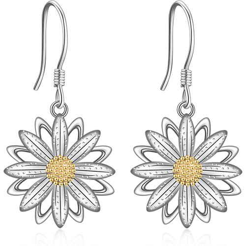 Sterling Silver Two-tone Daisy Drop Earrings