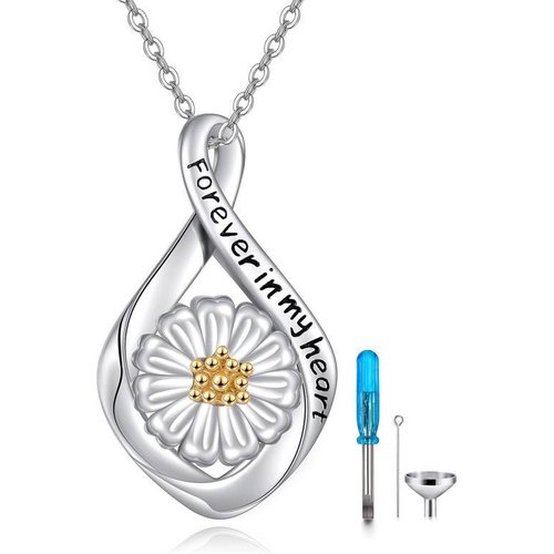 Sterling Silver Two-tone Daisy & Infinity Symbol Urn Necklace for Ashes with Engraved Word