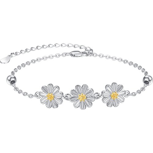 Sterling Silver Two-tone Cubic Zirconia Daisy Charm Bracelet