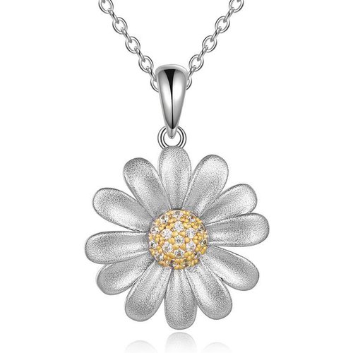 Sterling Silver Two-tone Cubic Zirconia Daisy Pendant Necklace