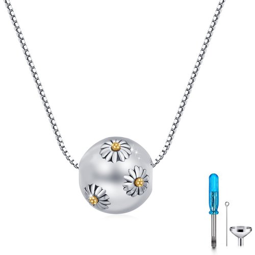 Sterling Silver Two-tone Daisy Spherical Cremation Urn Necklace for Ashes